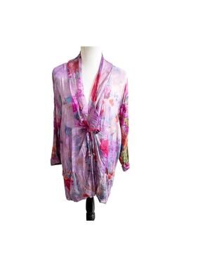 URU Women’s Tie Front Kimono Abstract Floral Print Purple One Size Lagenlook